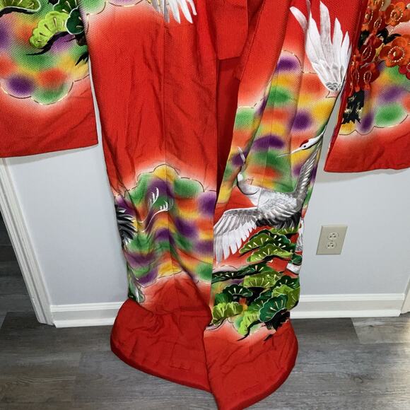 VTG VINTAGE JAPANESE FURISODE RED VERMILLION CRANE SILK KIMONO - Picture 10 of 10